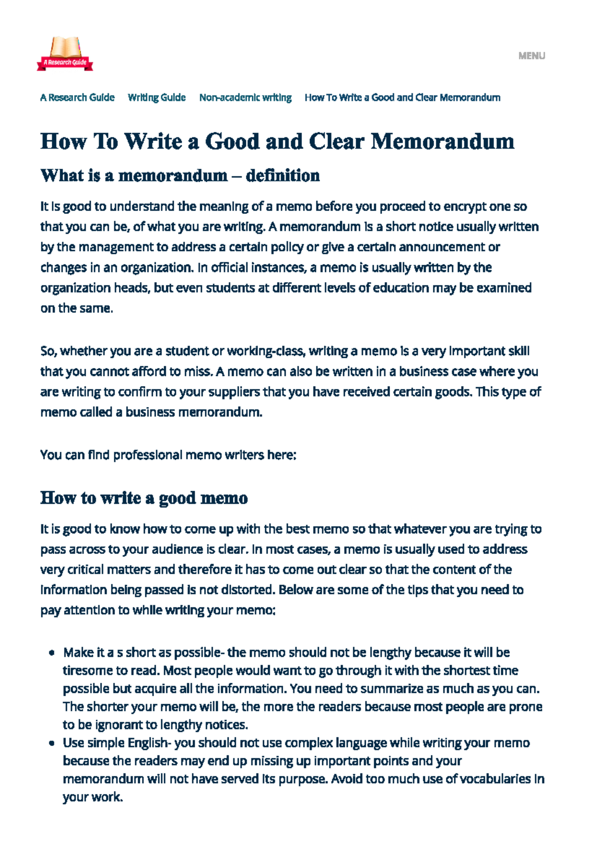 A Guide to How to Write a Memorandum - A Research Guide for Students ...
