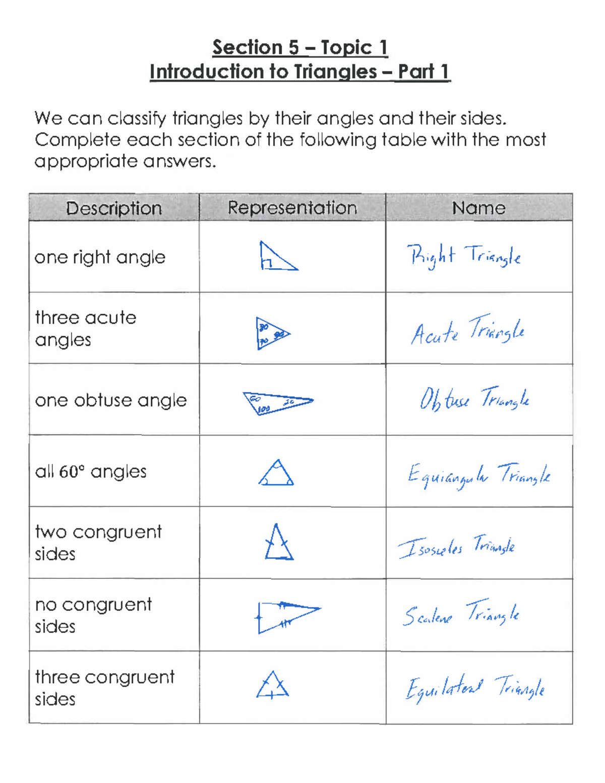 Section 5 - algebra - Section 5 - Topic 1 Introduction to Triangles ...