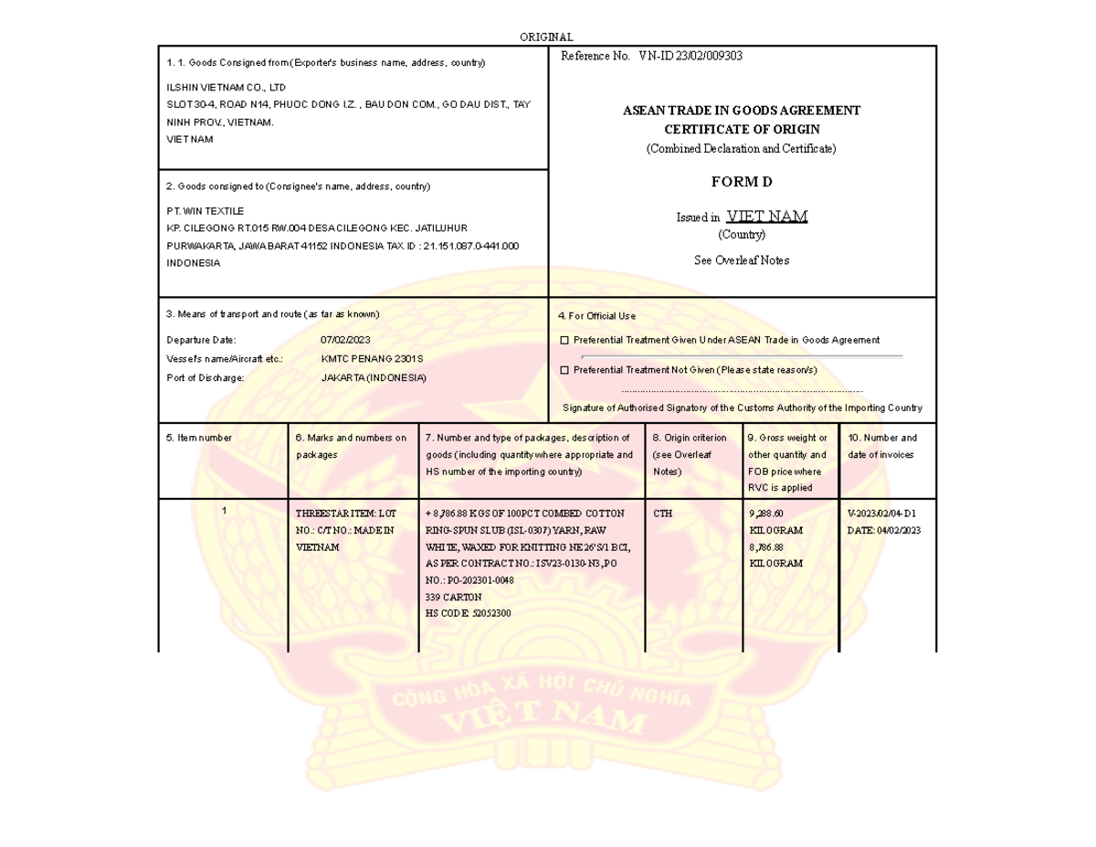 Certificate Form D: ASEAN Trade in Goods Agreement - Vietnam to ...