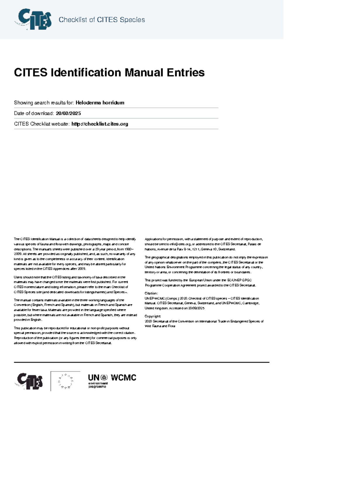 CITES Identification Manual: Heloderma horridum Checklist - Studocu
