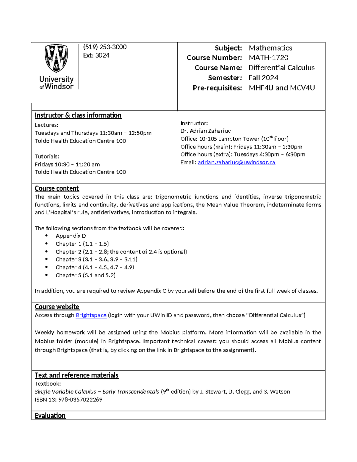 MATH1720 Fall 2024 Differential Calculus Course Outline - Studocu