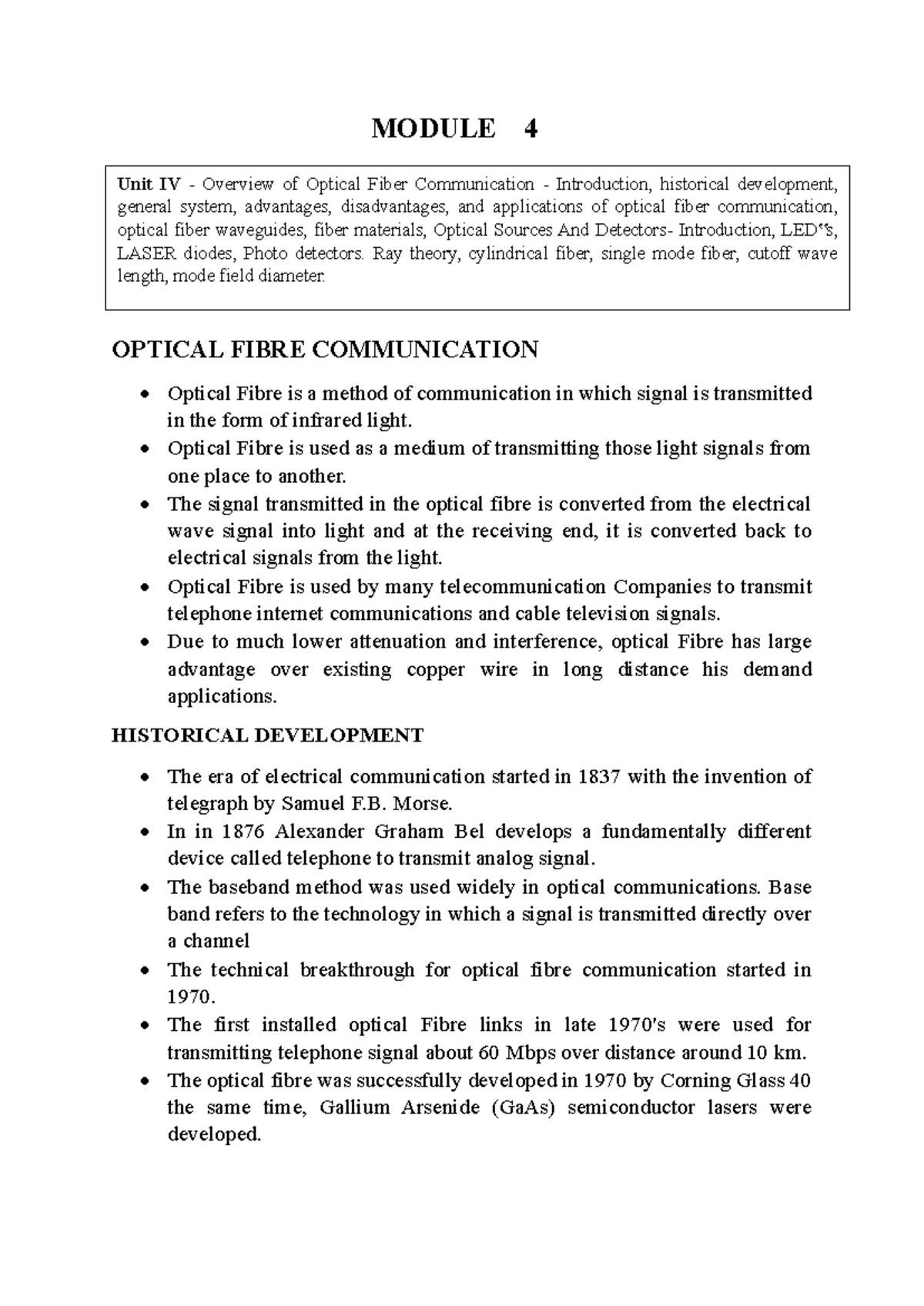 Module 4 - Optical Fibre Communication Overview and Key Developments ...