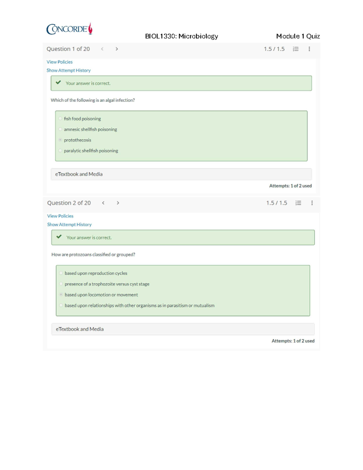 BIOL1431 Microbiology Module 3 Quiz - Questi on 1 of 20 View Policies ...