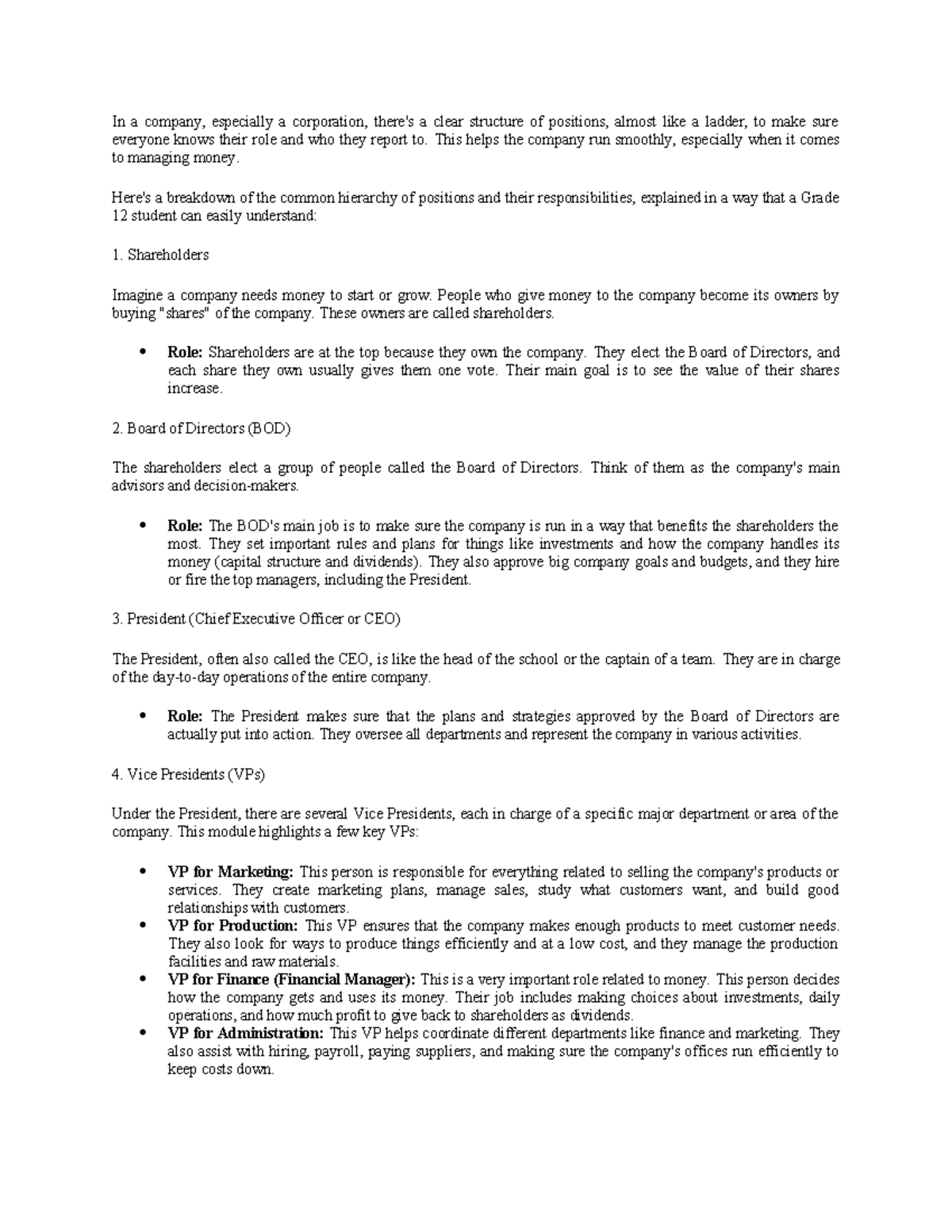 Hierarchy of Positions in Corporate Structure: A Guide for Grade 12 ...