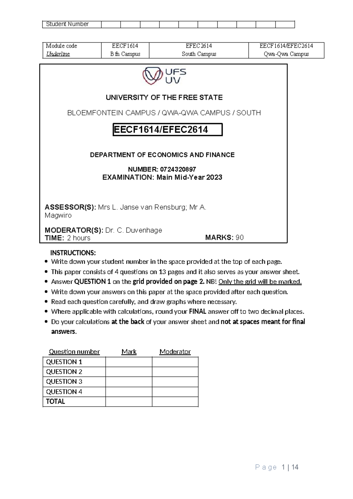 EECF1614 2023 Main Exam - Economics and Finance Questions - Studocu
