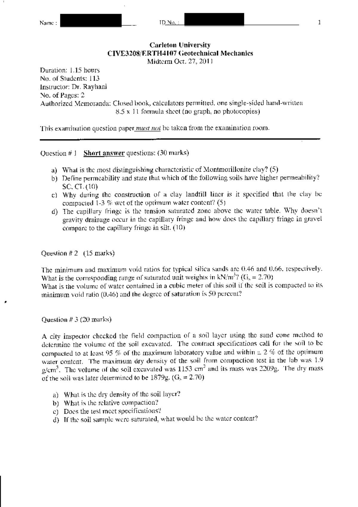 CM3208/ERTH4107 Geotechnical Mechanics Midterm Exam - Fall 2011 - Studocu