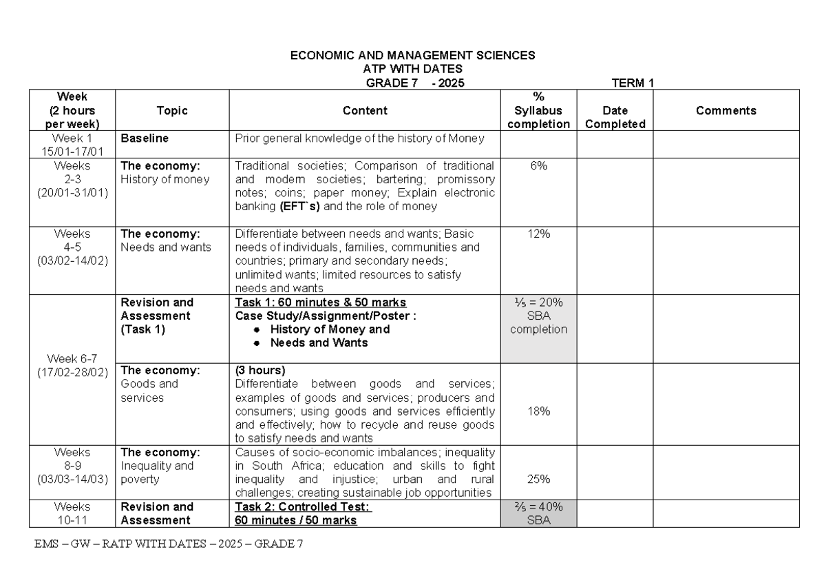 2025 - EMS ATP with Dates - Gr 7 Term 1 Curriculum Overview - Studocu