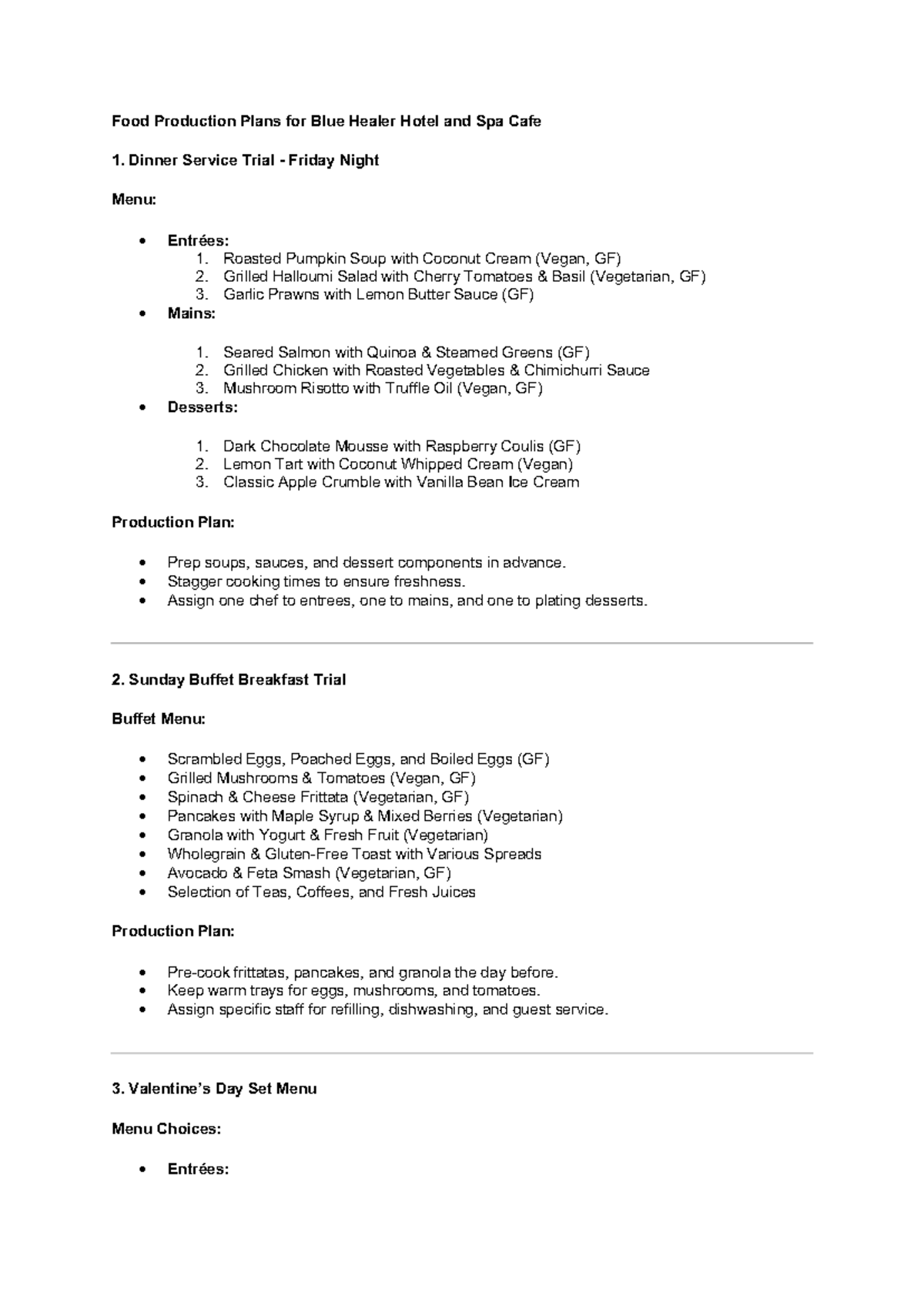 Food Production Plans for Blue Healer Hotel and Spa Cafe - Stagger ...