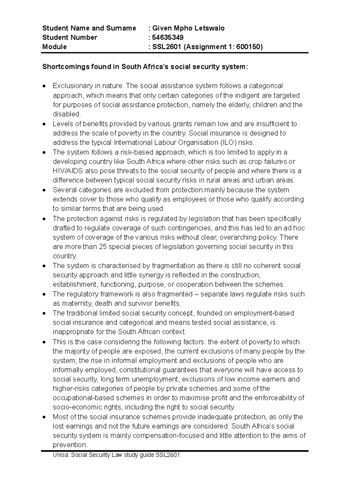 Shortcomings of the South African social security system: SSL2601 ...