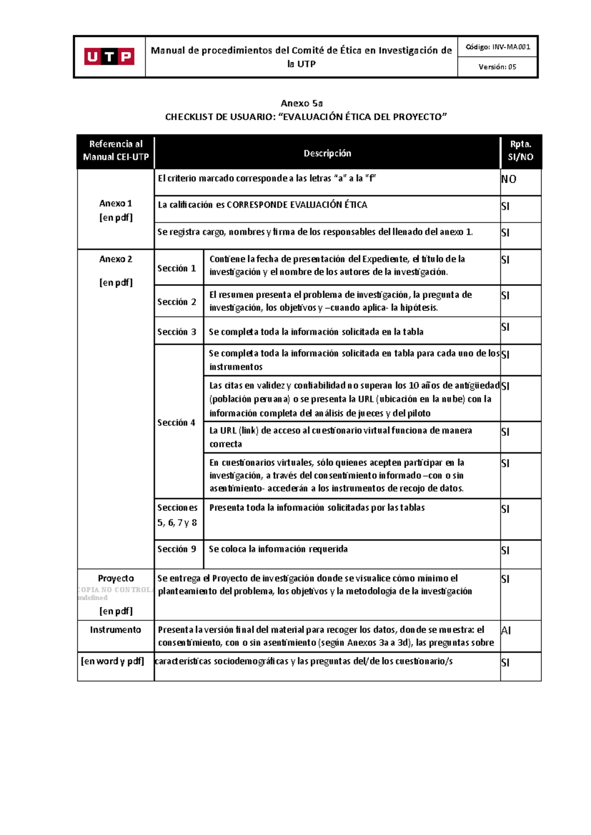 Anexo 5A - CEI-UTP v5 - Checklist de Ética en Investigación - Studocu