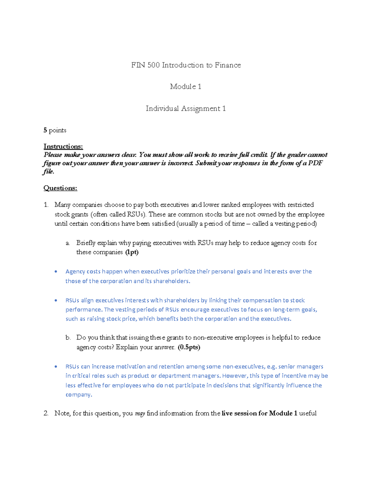 FIN 500 Module 1 Individual Assignment: RSUs & Agency Costs Analysis ...