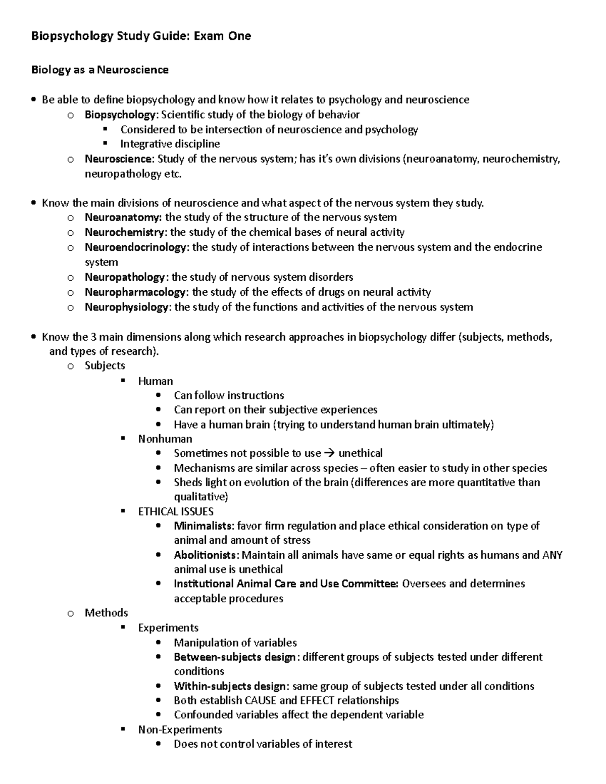 Exam One Study Guide - Biopsychology Study Guide: Exam One Biology as a ...