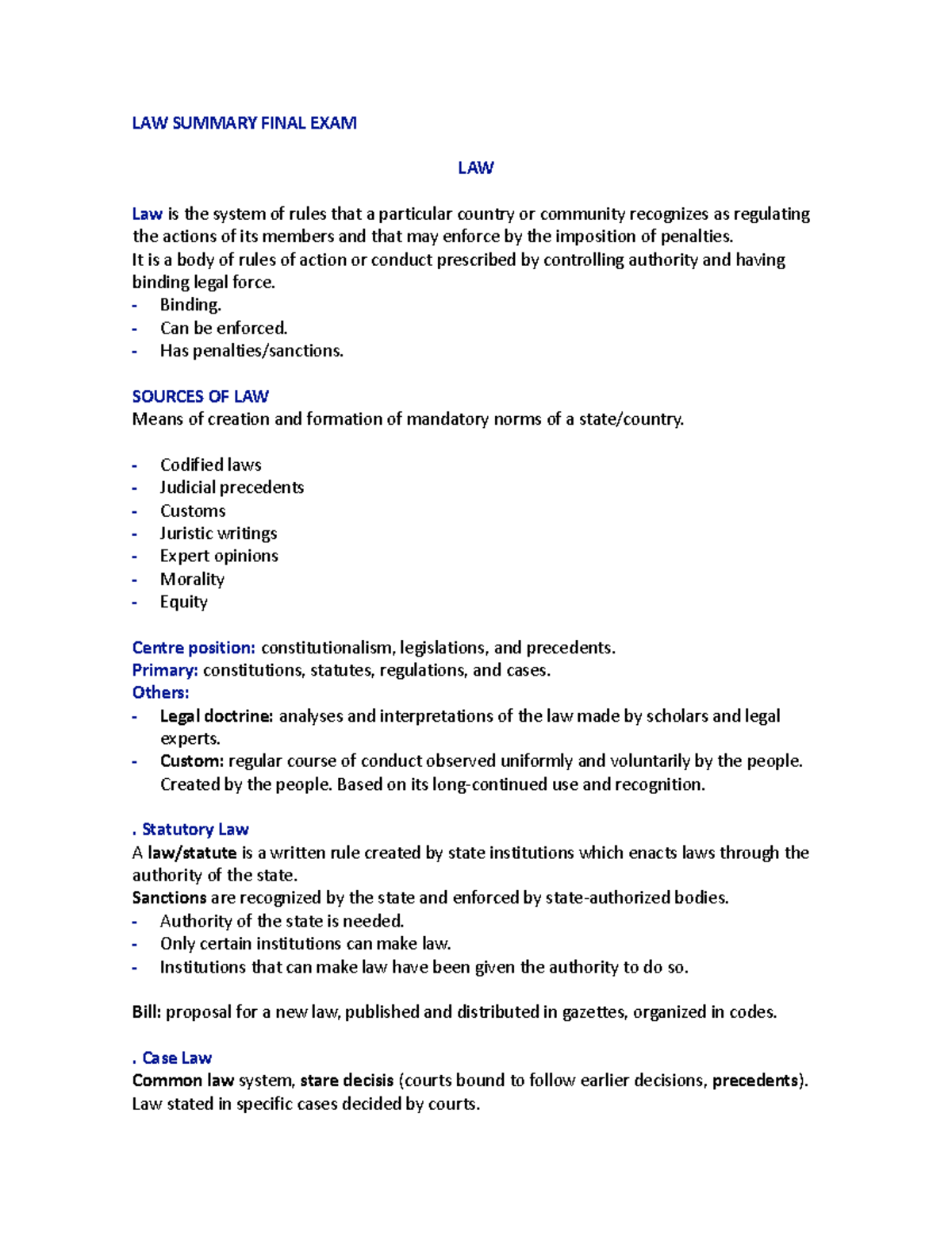 LAW I Final Exam Summary: Key Concepts and Principles - Studocu