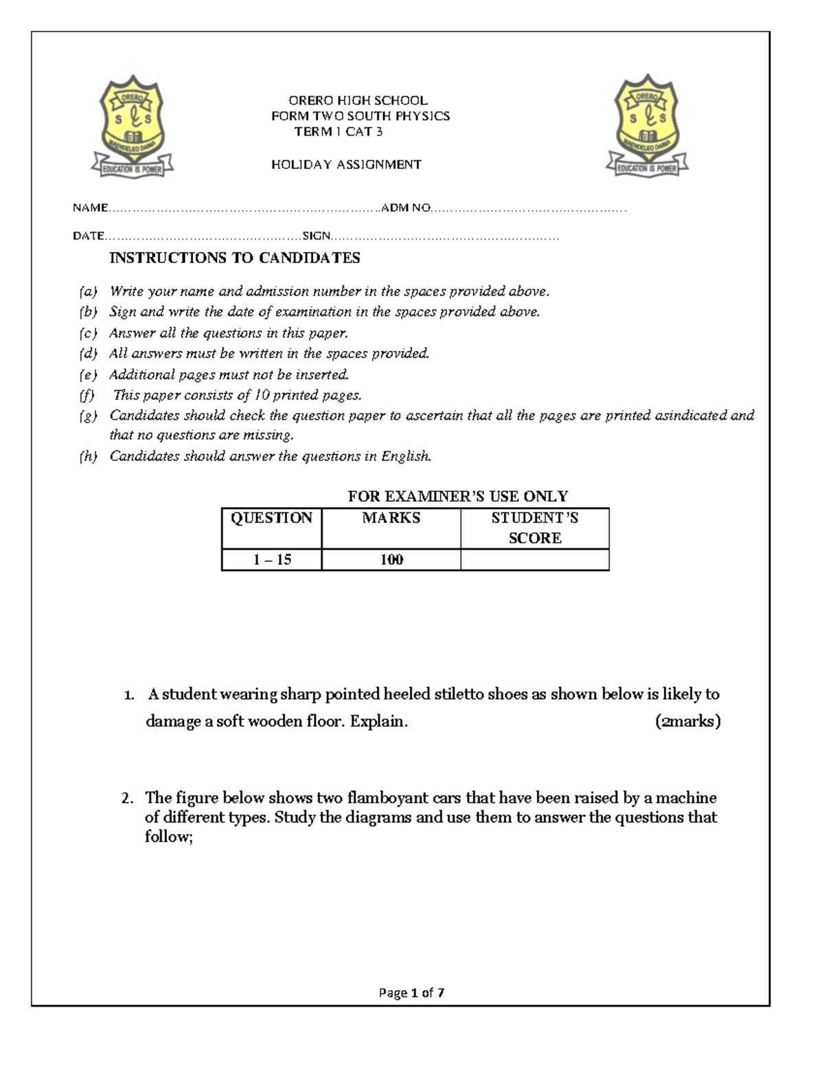 Form 2 South Physics Term 1 CAT 3 Holiday Assignment 2 - Studocu