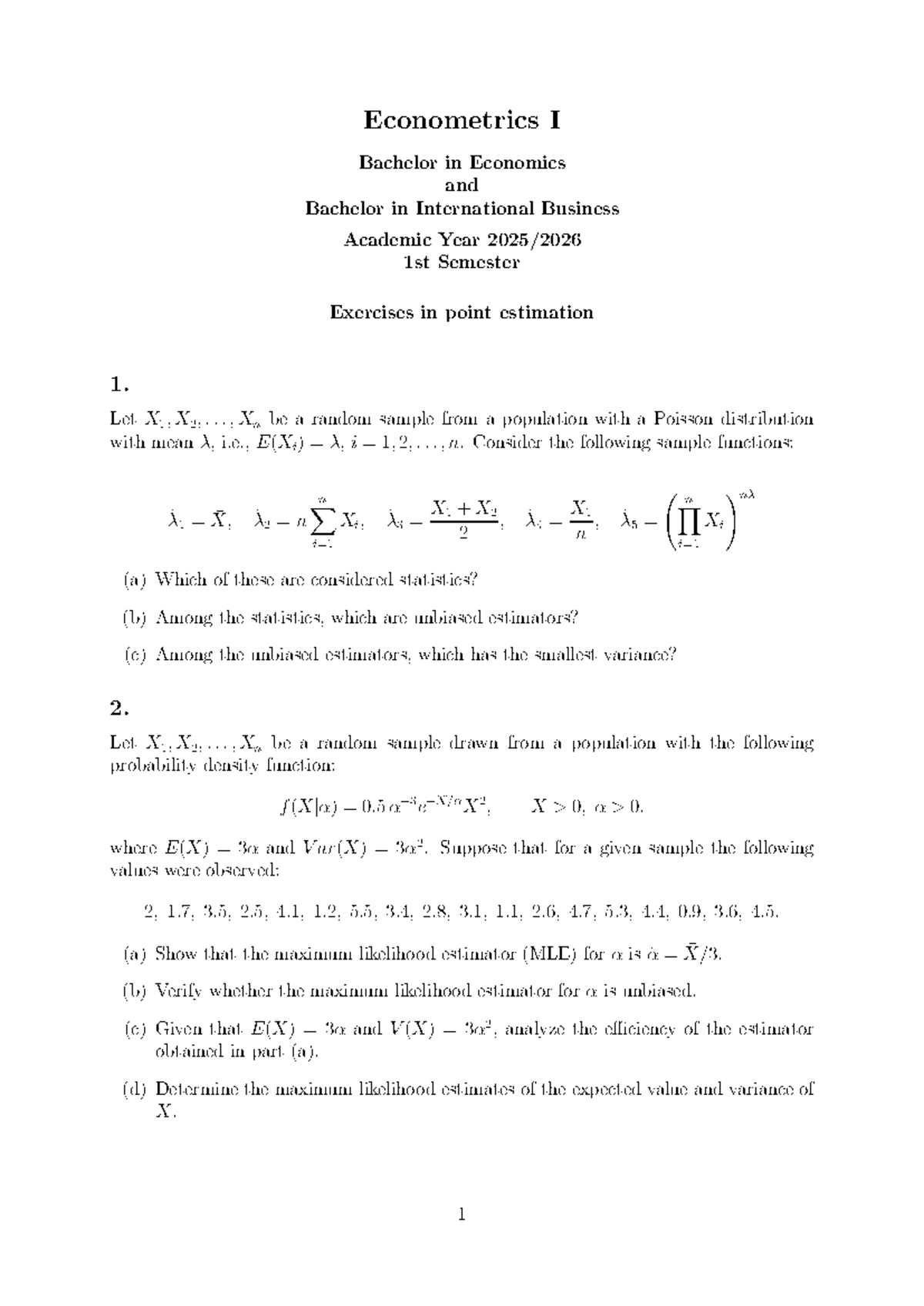 Econometrics I: Point Estimation Exercises for 1st Semester - Studocu