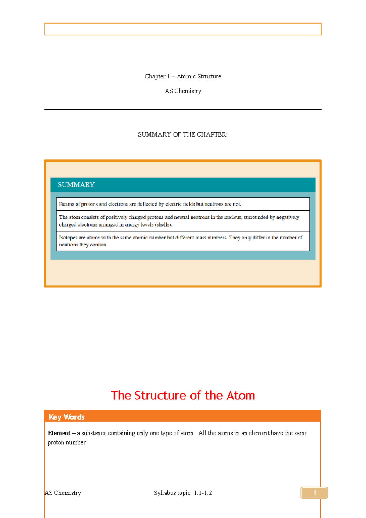 Chapter 1 - Atomic Structure - Key Words Chapter 1 – Atomic Structure ...
