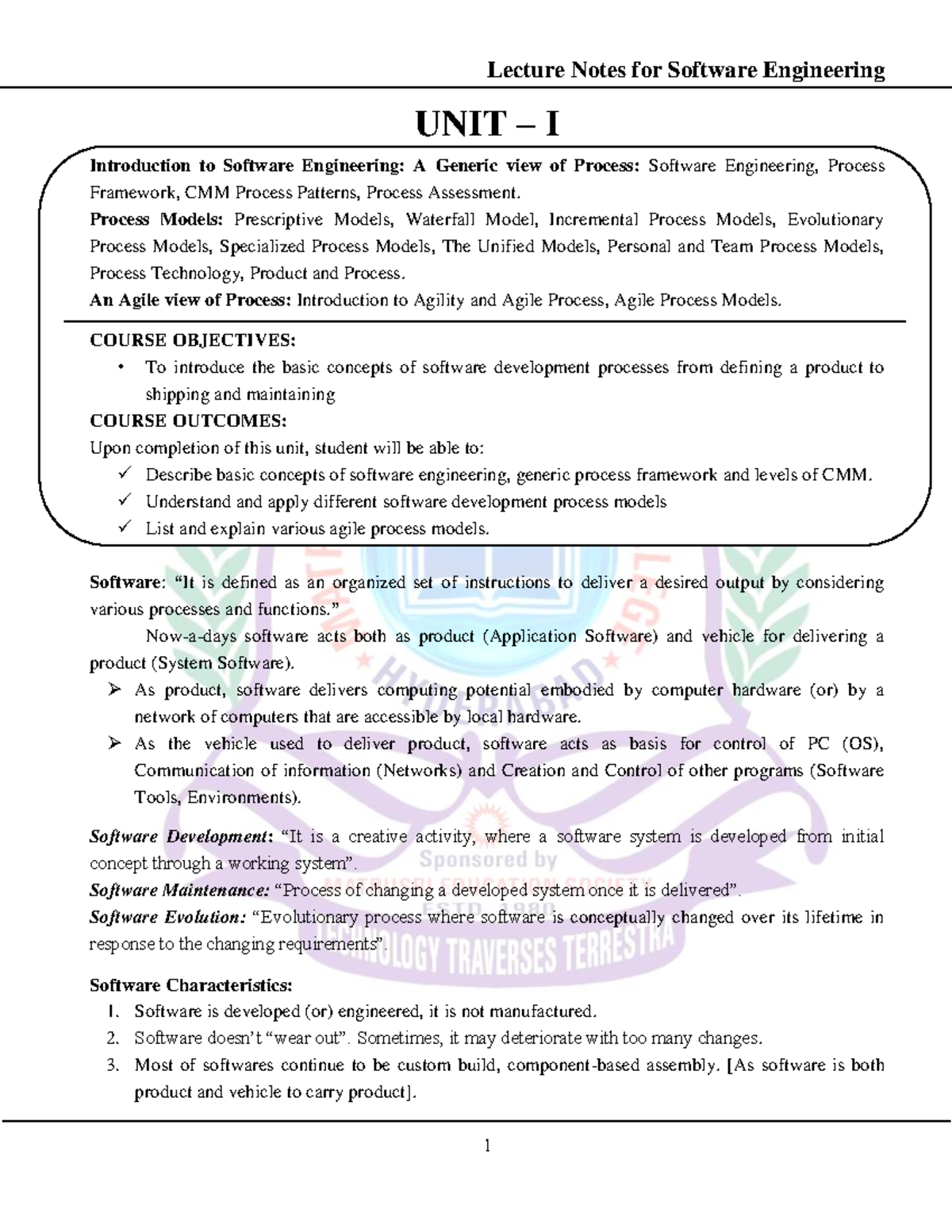 Lecture Notes for SE UNIT I: Software Engineering Processes and Models ...
