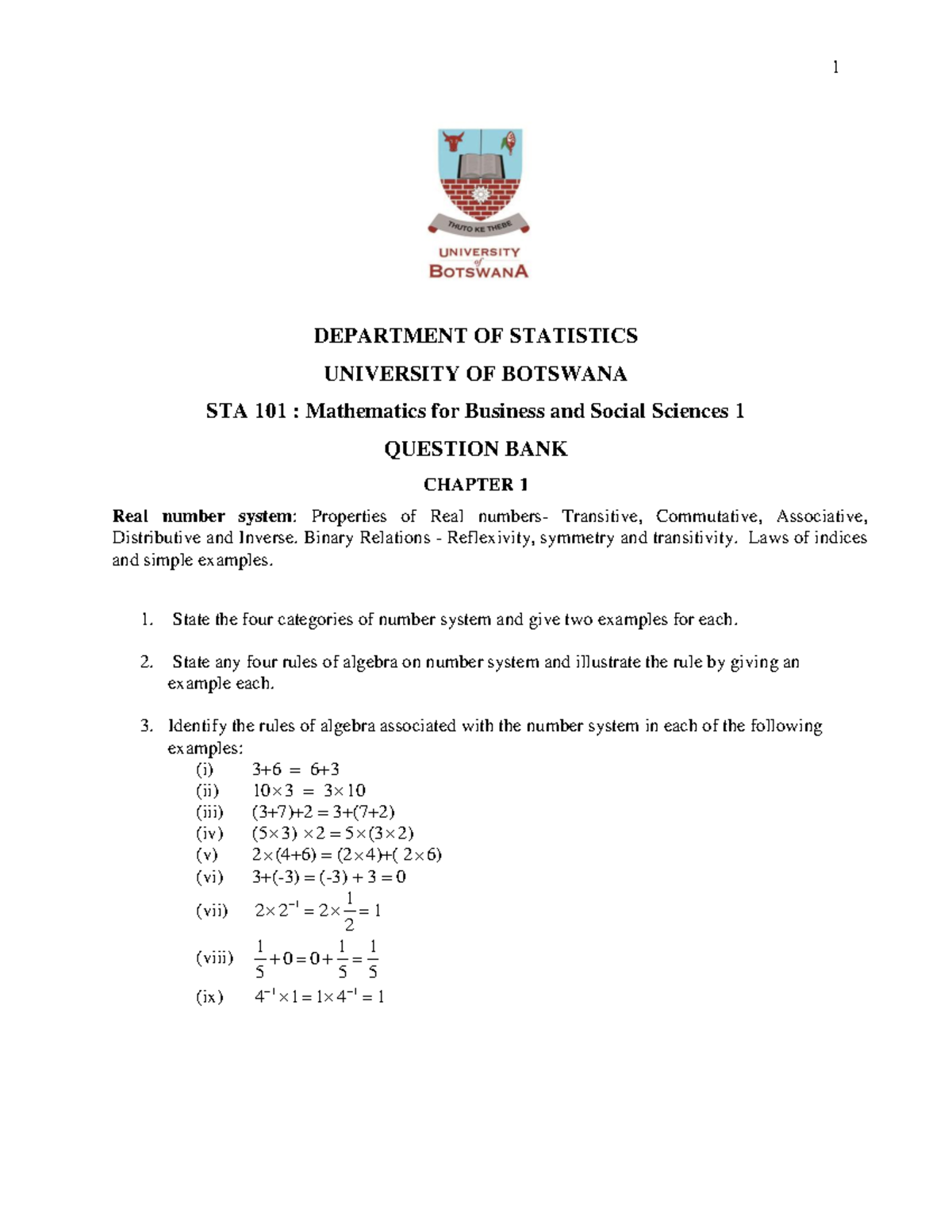 STA 101 Question Bank: Mathematical Concepts (1-8) 2020 - Studocu