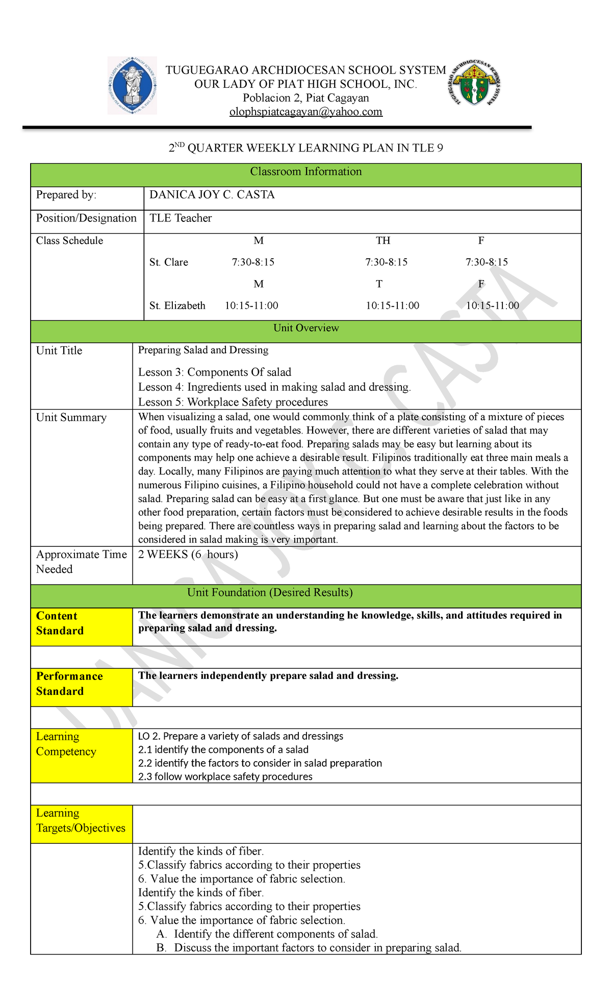 LP 4 - LEARNING PLAN INSTRUCTIONAL MATERIAL - TUGUEGARAO ARCHDIOCESAN ...