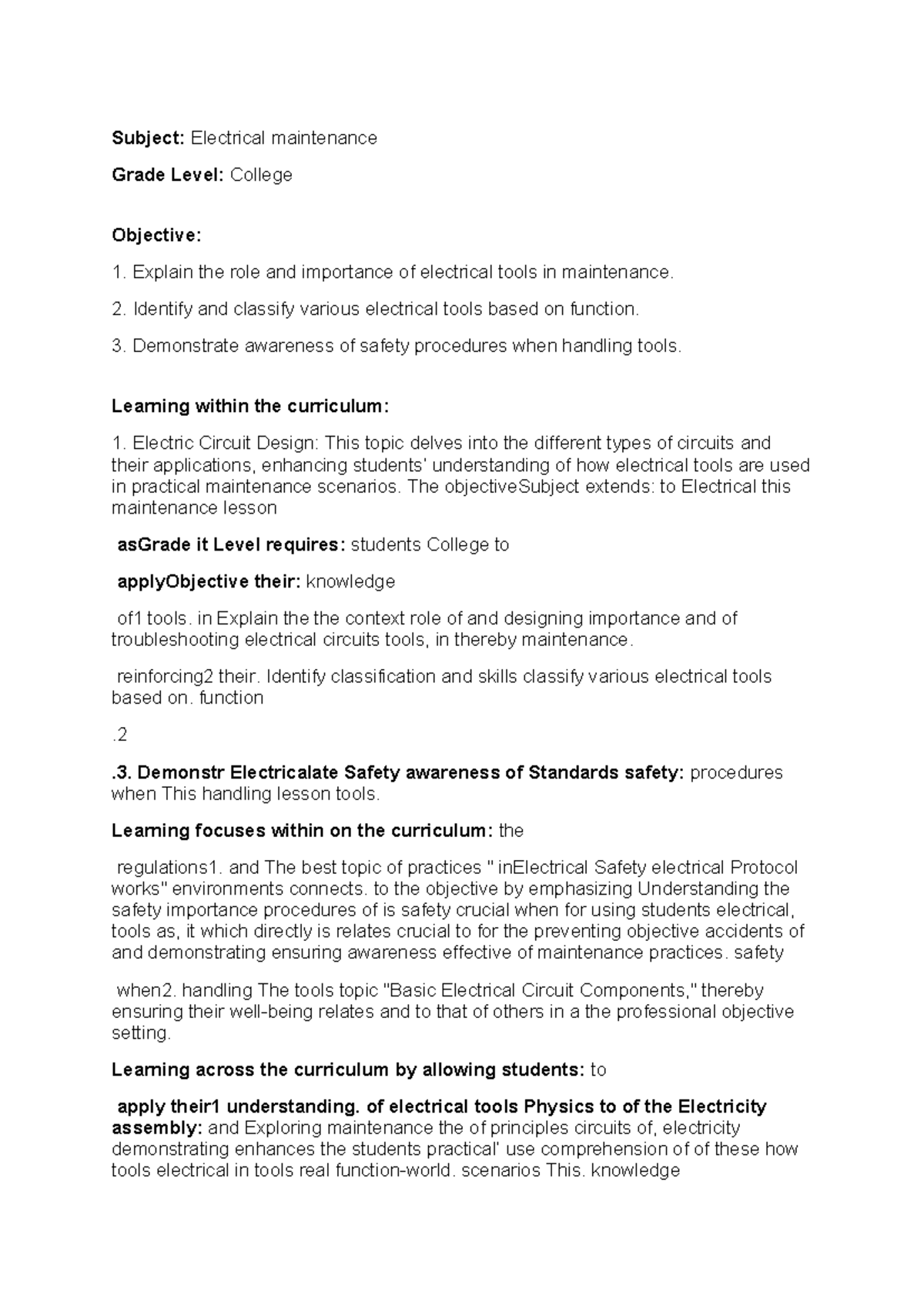Electrical Maintenance Lesson Plan: Tools, Safety, and Procedures (ENGR ...