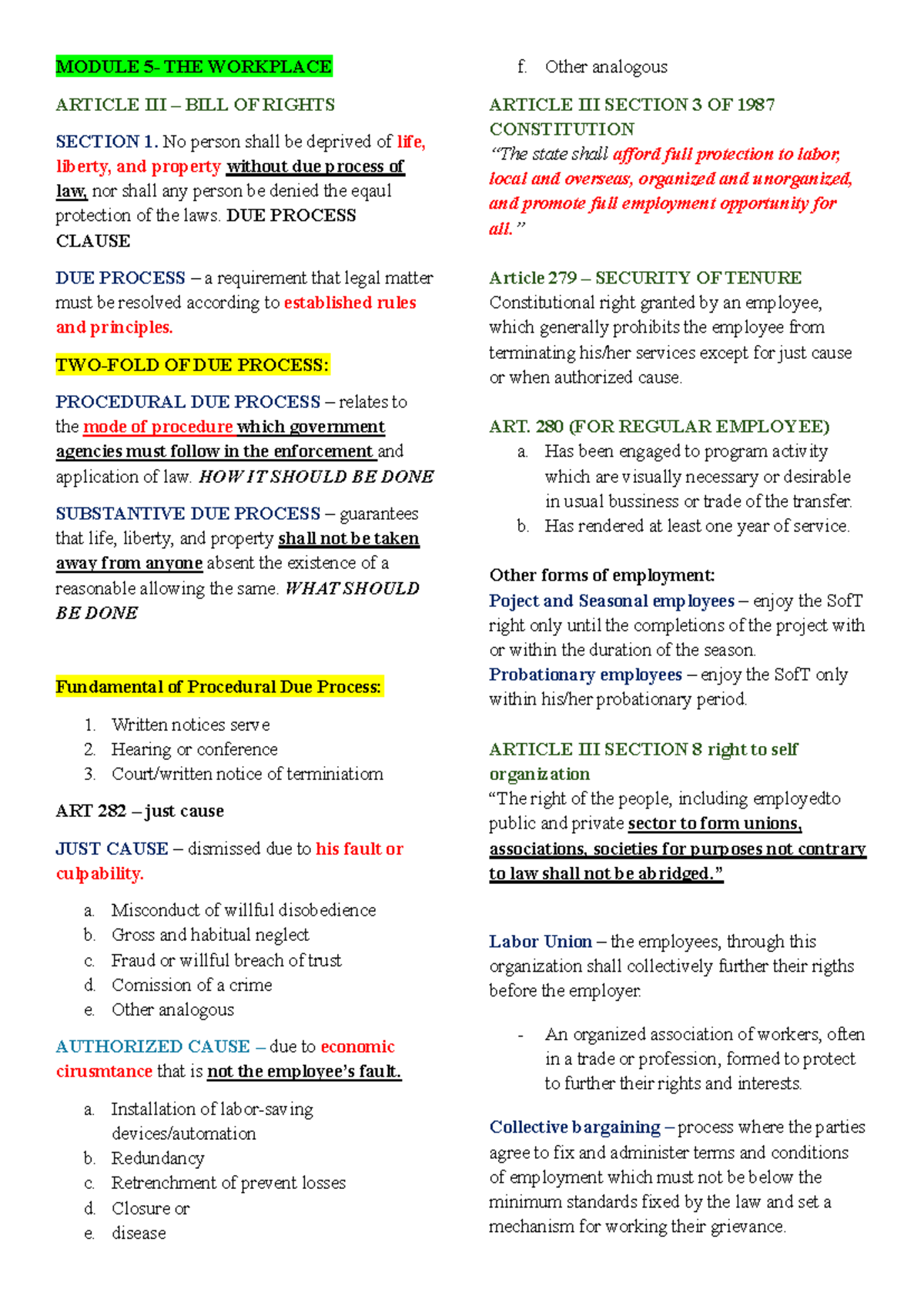 Final Reviewer - MODULE 5 - THE WORKPLACE ARTICLE III – BILL OF RIGHTS ...