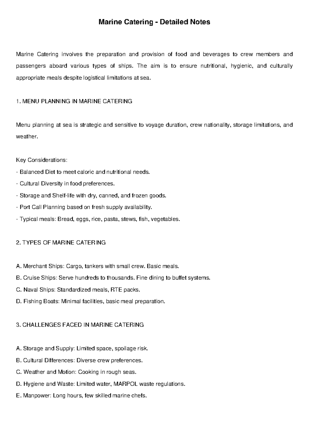 Marine Catering Notes: Key Aspects and Challenges - Studocu