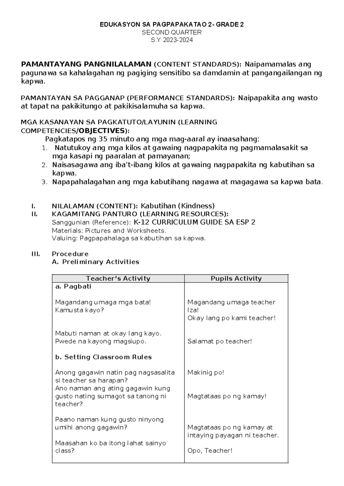 LE Language 1 Q1 W5 - Lesson Exemplar for Grade 1 - Studocu