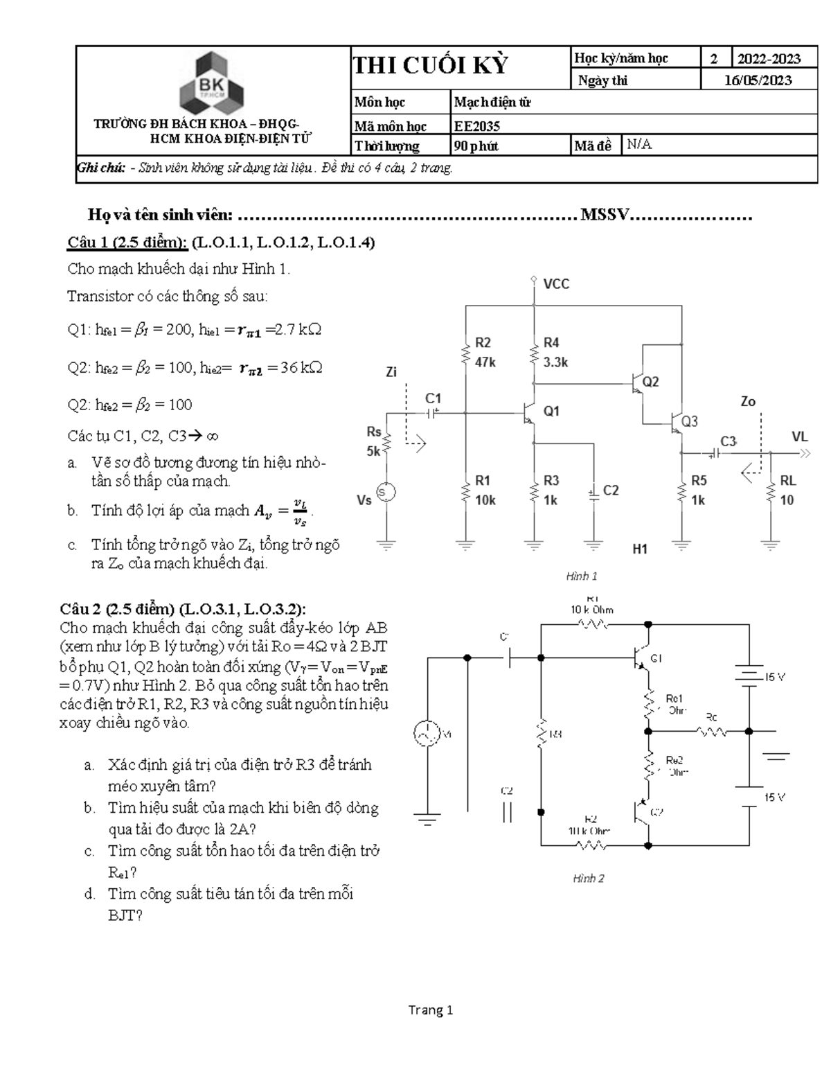 Đề thi Cuối Kỳ Mạch Điện Tử EE2035 - ĐH Bách Khoa ĐHQGHCM - Document Preview