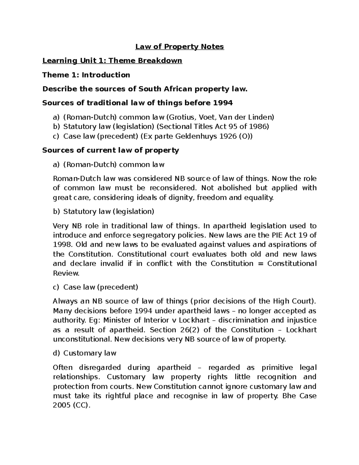 Law of Property Notes: Learning Unit 1 Overview and Key Themes - Studocu