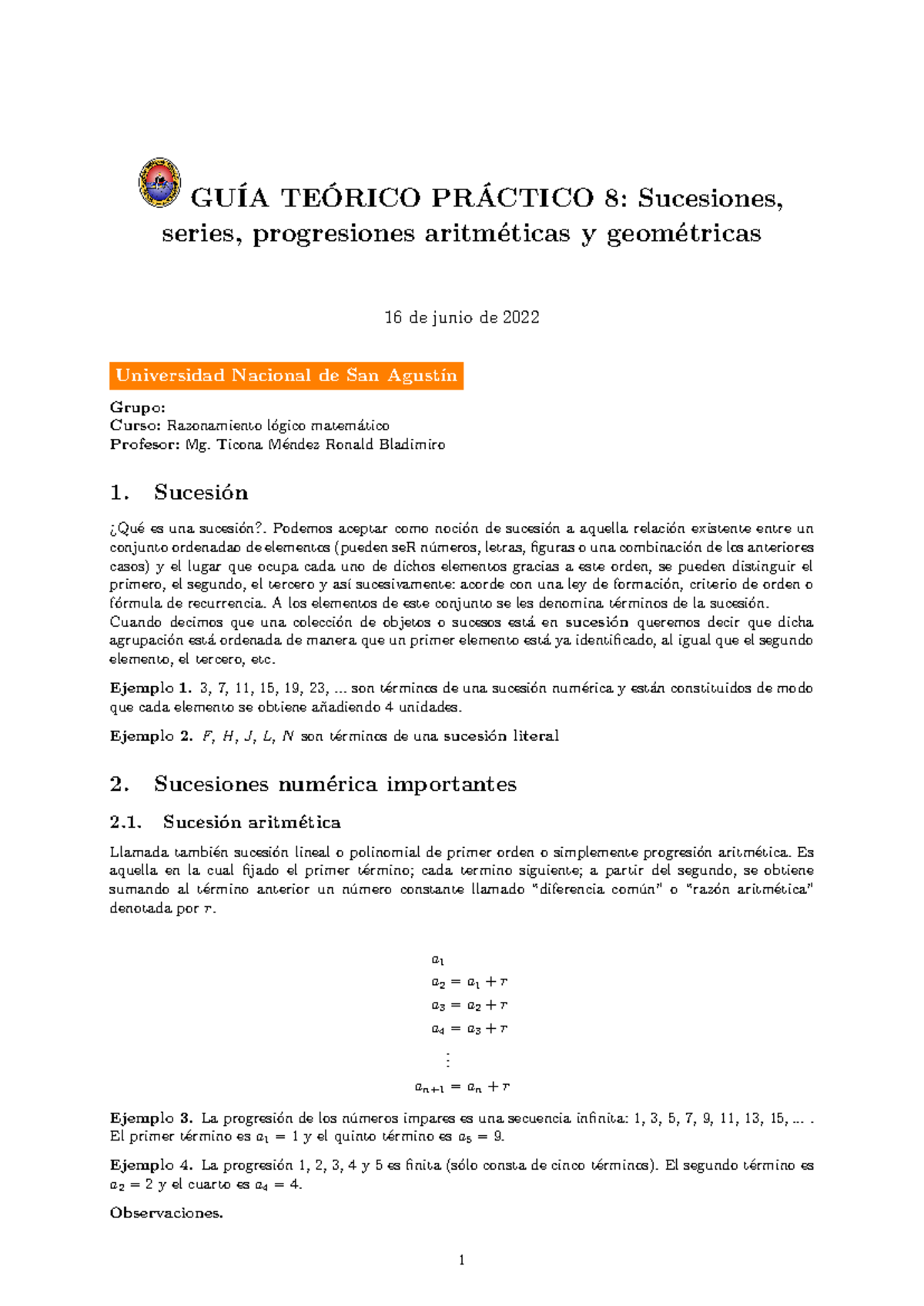 Guía Teórico-Práctica 8: Sucesiones y Progresiones Aritméticas y ...