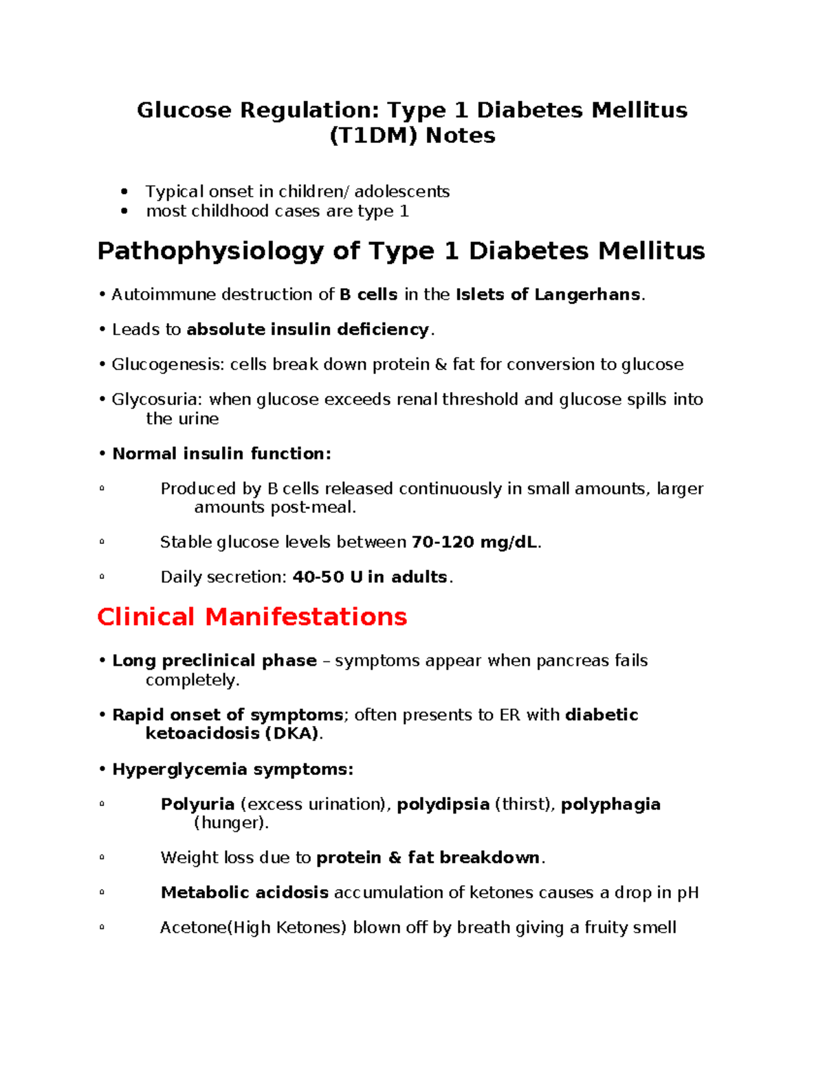Glucose Regulation and Management in Type 1 Diabetes Mellitus Notes ...