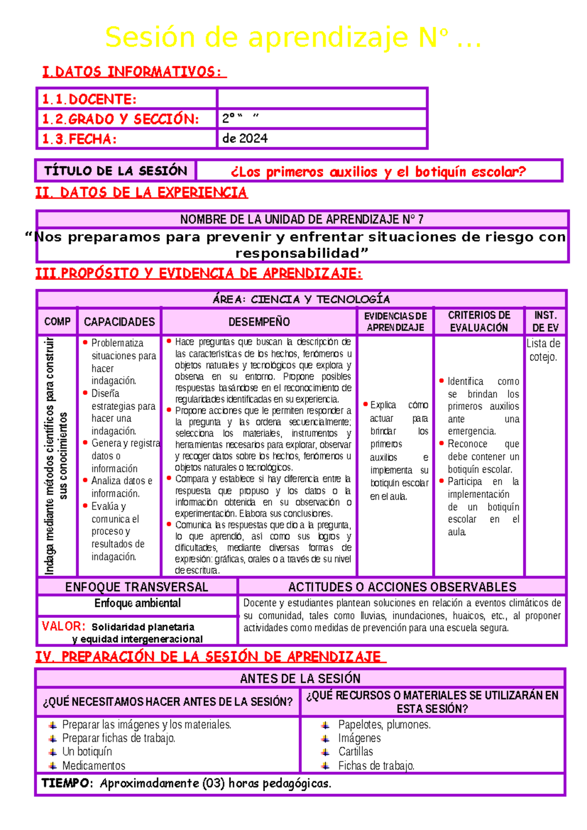 Sesión de Aprendizaje N° 7: Primeros Auxilios y Botiquín Escolar - Document Preview