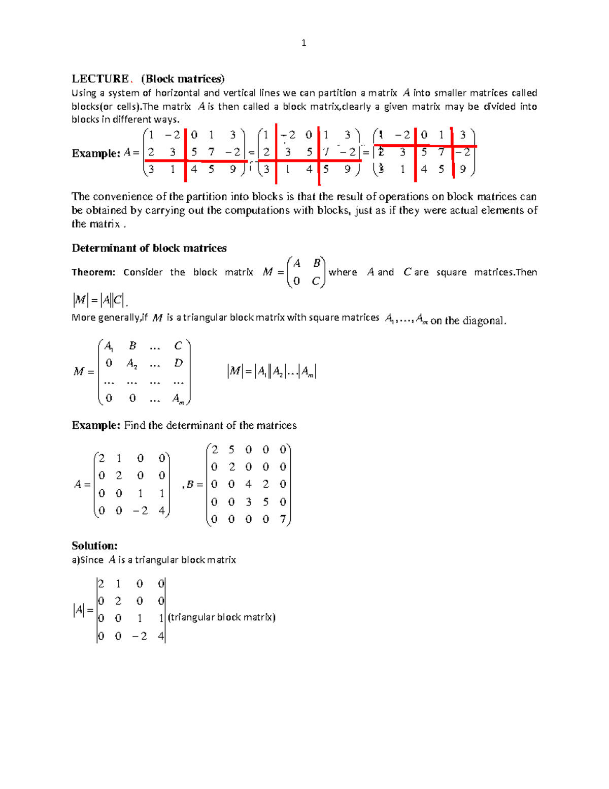 T0PIC 9 - Block Matrices: Understanding Partitioning and Determinants -  Studocu