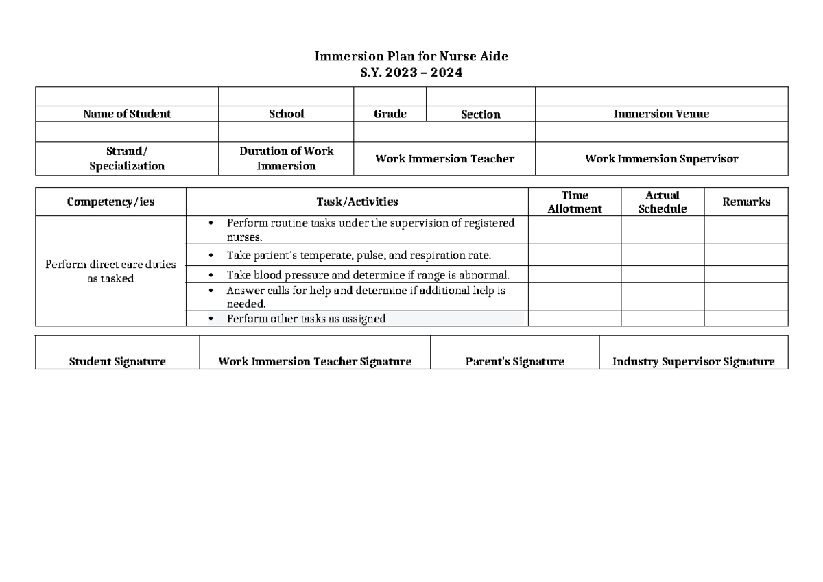 Immersion Plan for Nurse Aide - Copy - Immersion Plan for Nurse Aide S ...