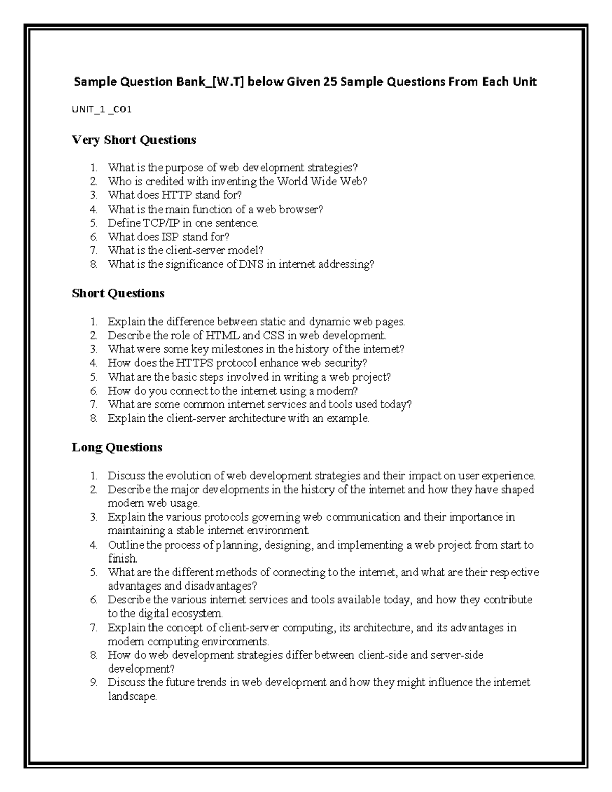 Question Bank (Sample Practice) for Web Development Strategies - UNIT_1 ...