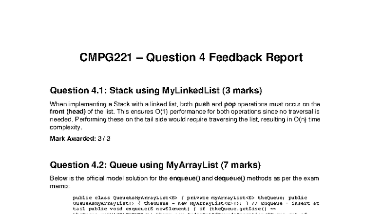 CMPG221 Q4 Feedback Report: Stack & Queue Implementation - Studocu
