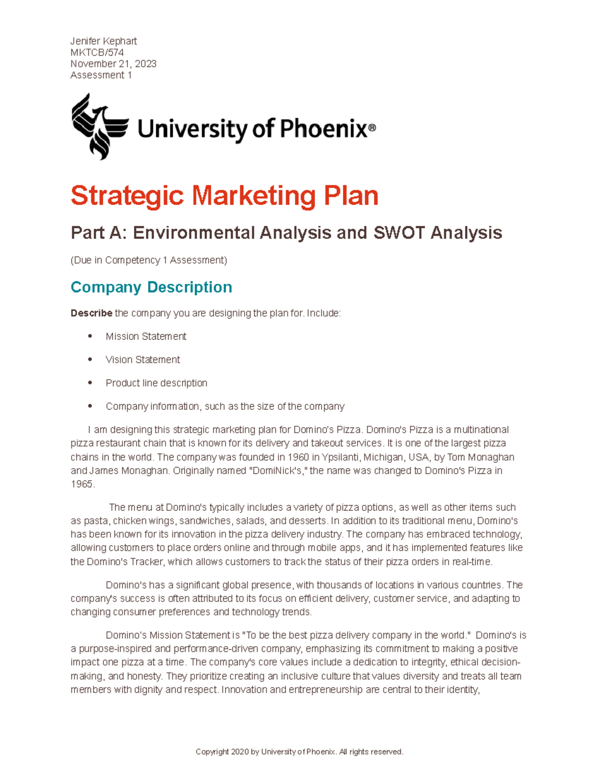 Mktcb 574v1 Strategic Marketing Plan: Environmental and SWOT Analysis ...