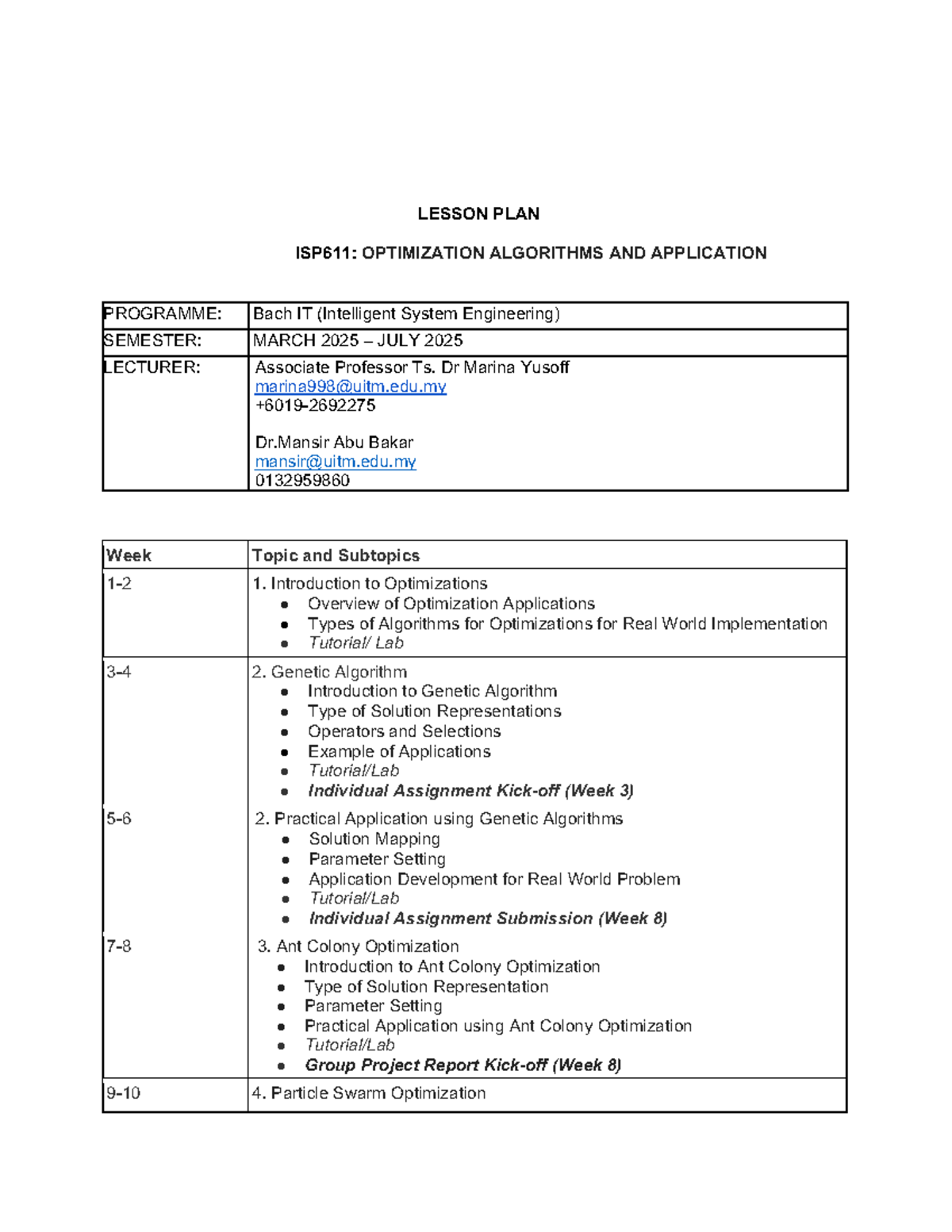 LESSON PLAN ISP611: OPTIMIZATION ALGORITHMS (MARCH-JULY 2025) - Studocu