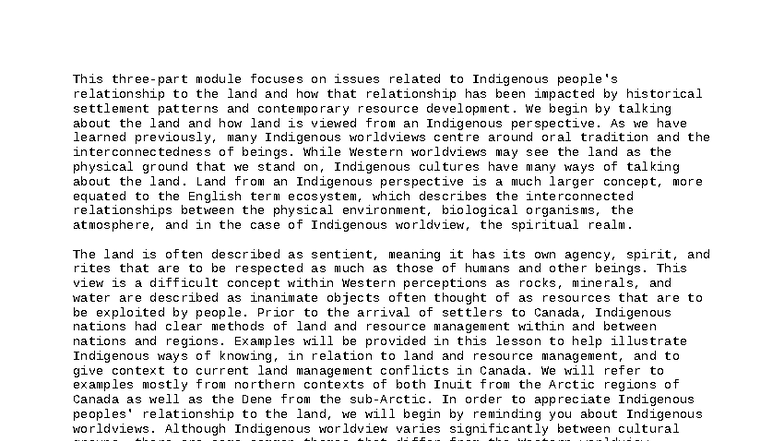 Indigenous Perspectives on Land: Lecture Transcript (1003874) - Studocu