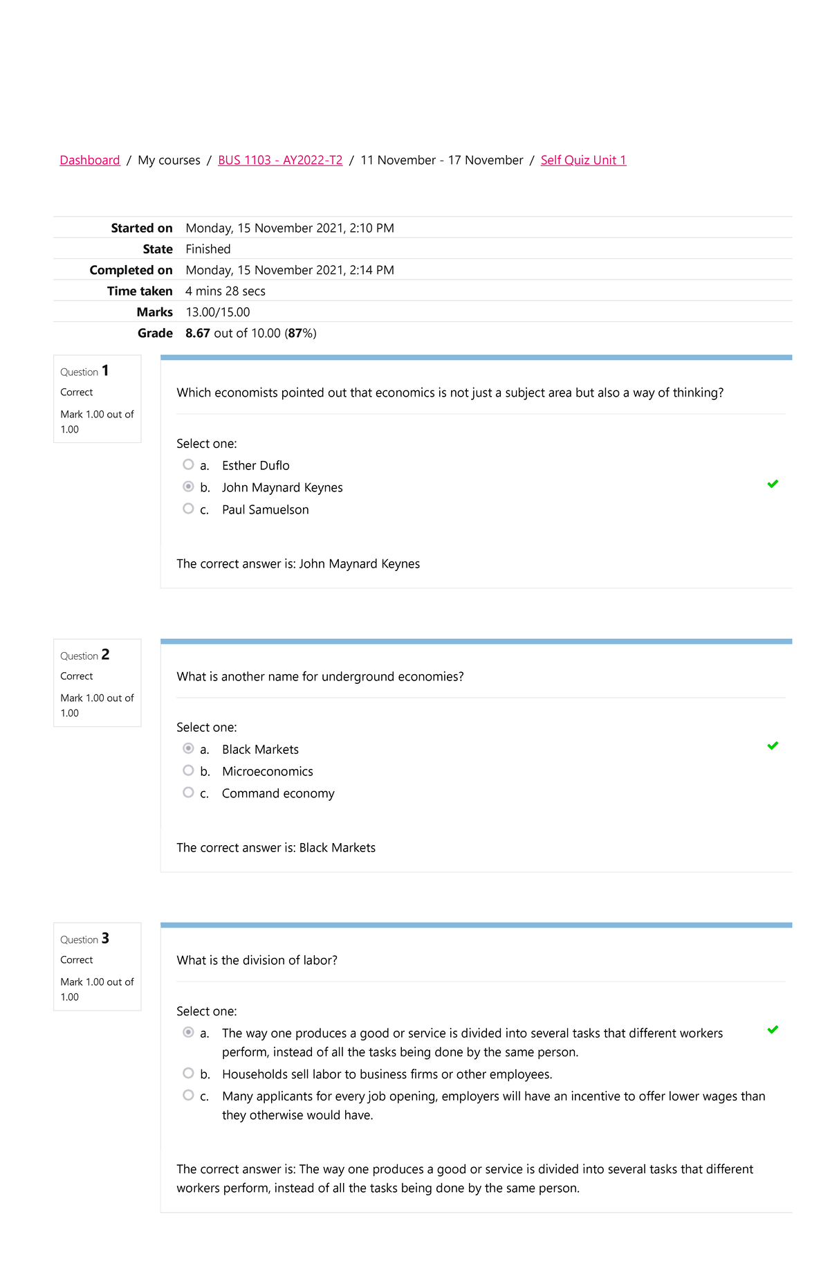 BUS 1103 Microeconomics Unit 1 Self Quiz Attempt Review - Studocu