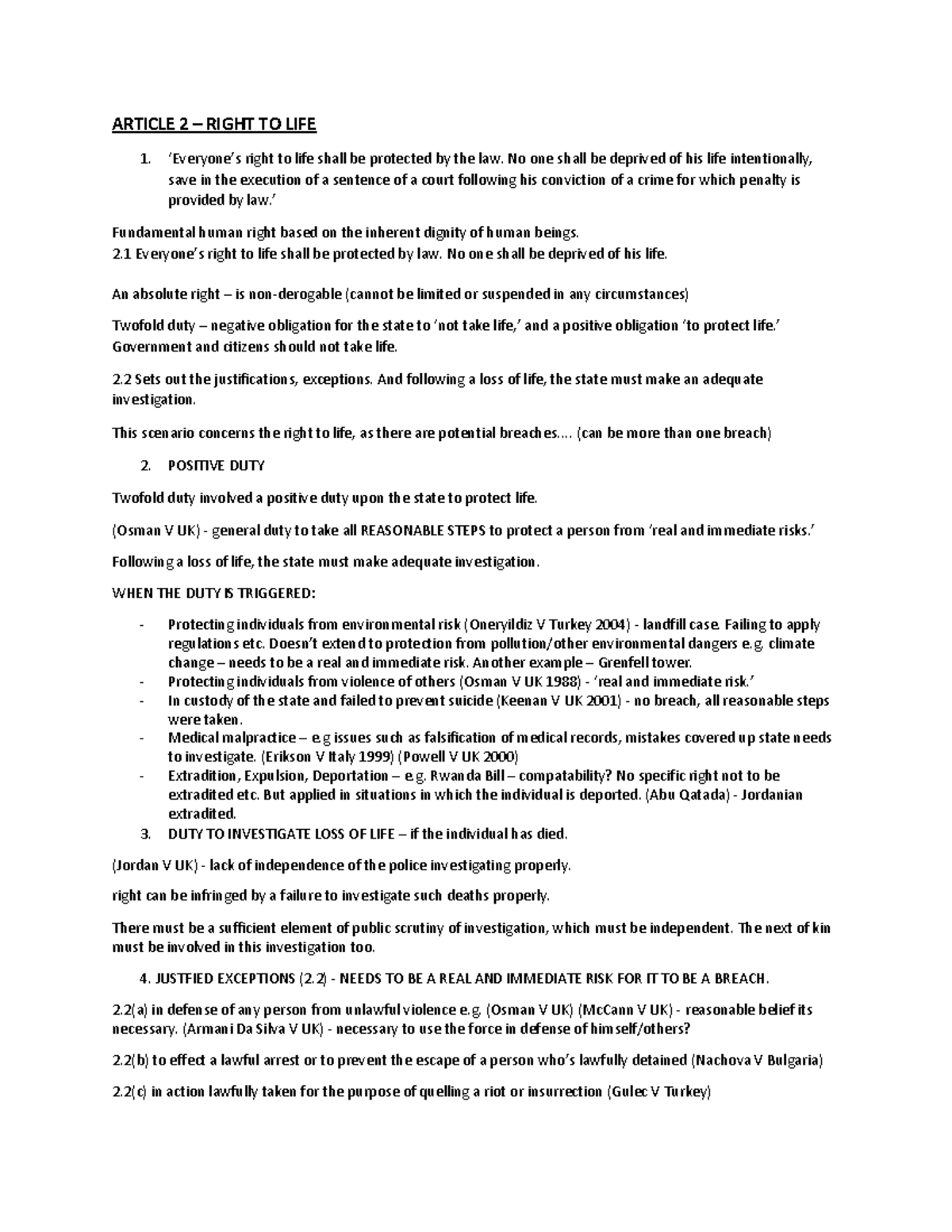 Human Rights Overview: Article 2 - Right to Life Explained - Studocu