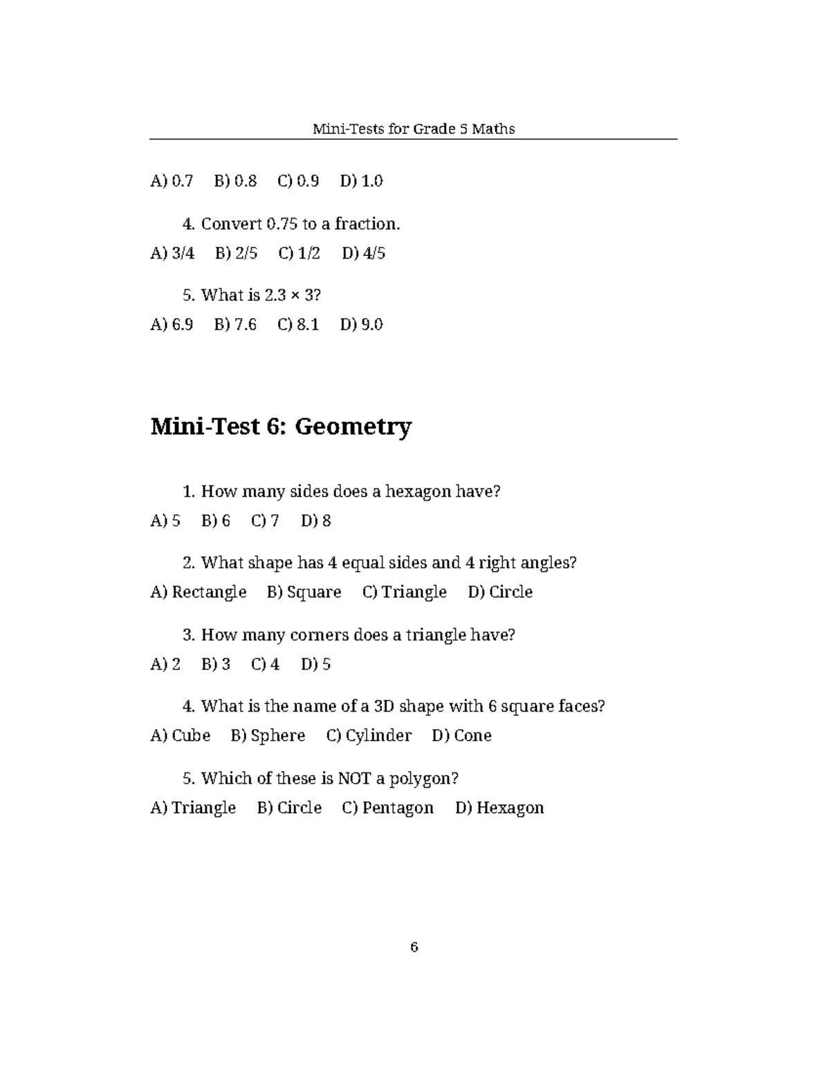 Mini-Tests for Grade 5 Maths: Geometry & Fractions - Studocu