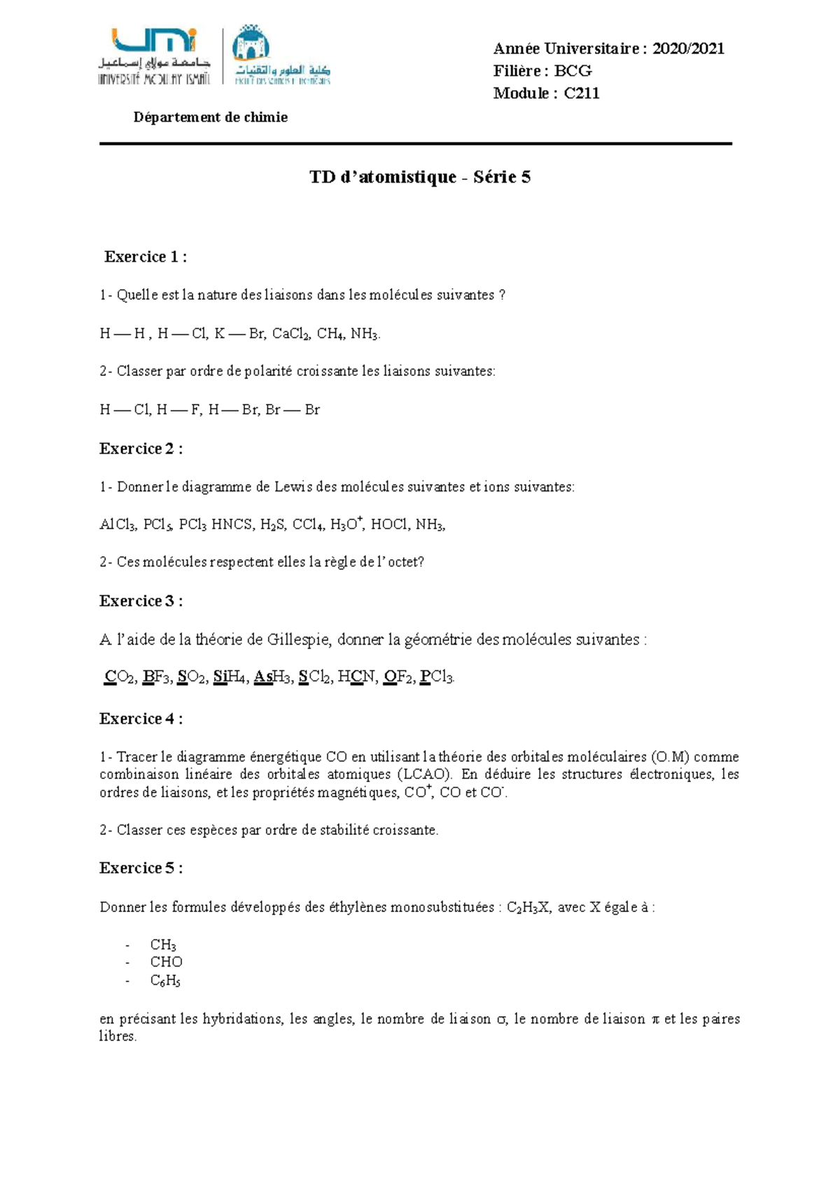 TD C211 : Exercices sur les Liaisons et Diagrammes de Lewis - Studocu