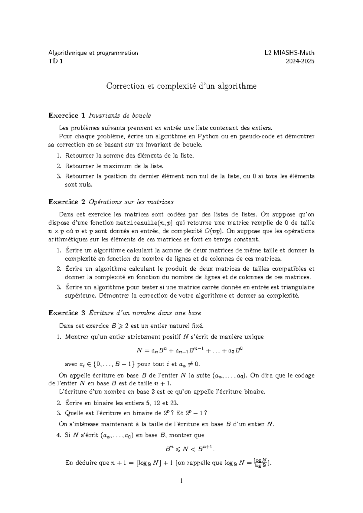 Algorithmes et Complexité - TD 1 - L2 MIASHS-Math 2024 - Studocu