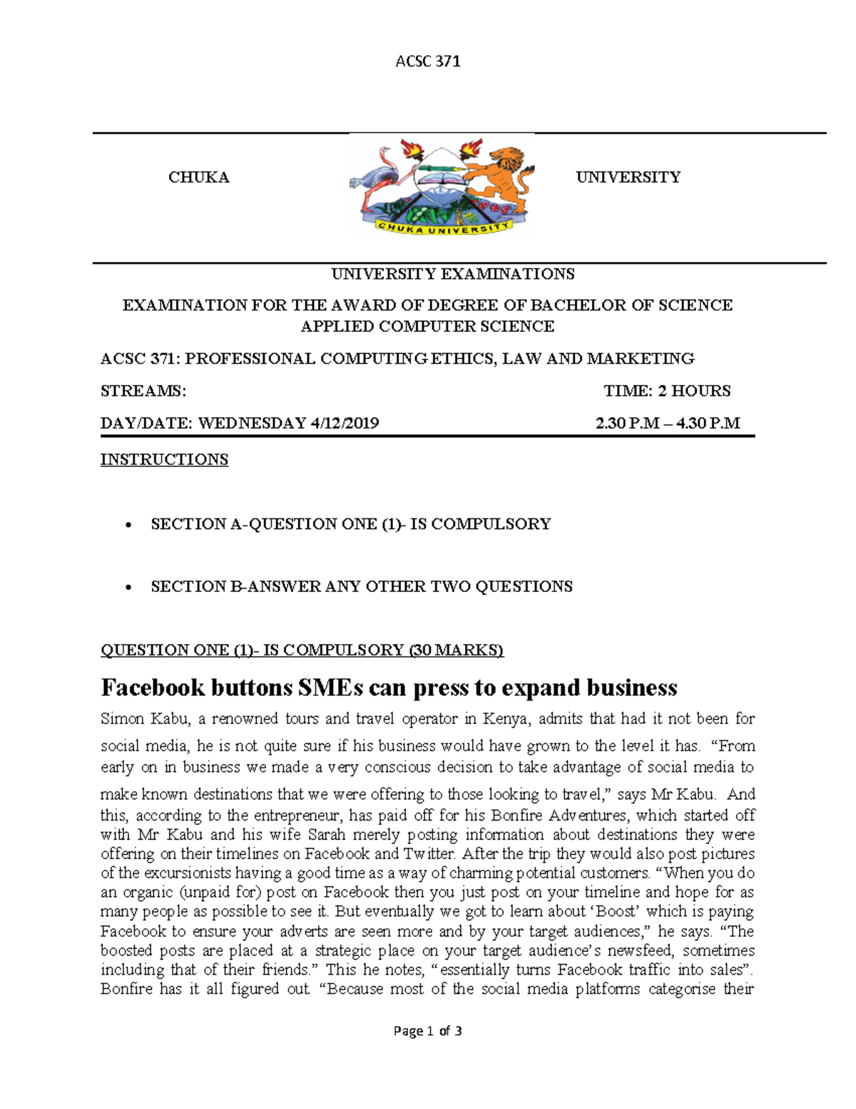 ACSC 371 - Past Paper on Professional Computing Ethics & Digital ...