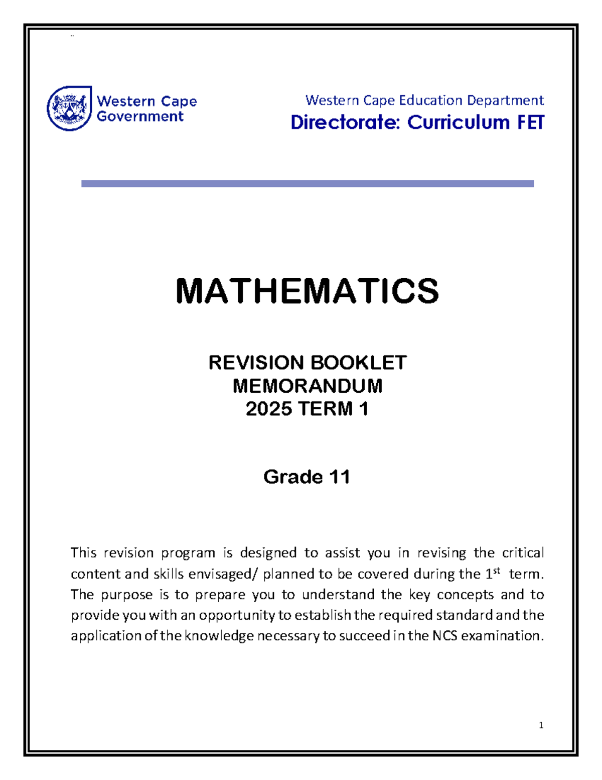 Mathematics Grade 11 Term 1 Revision Memo 2025 - Studocu