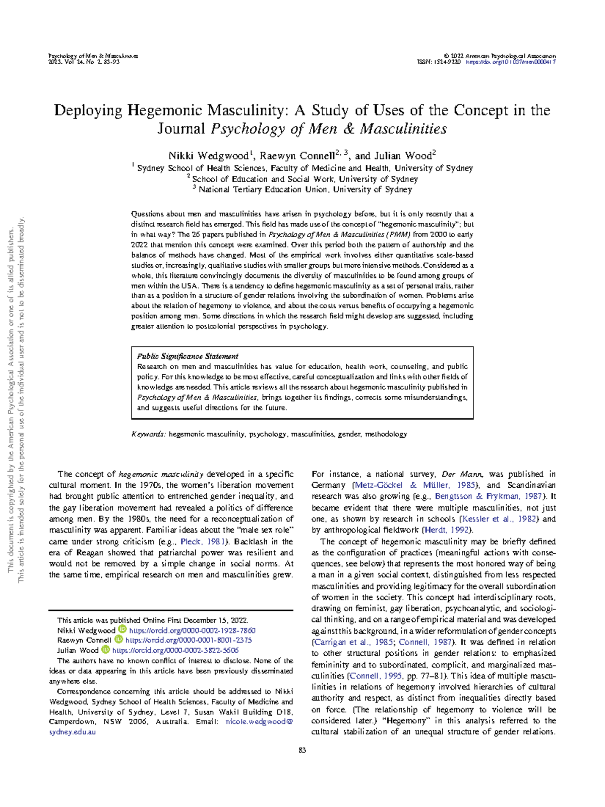Exploring Hegemonic Masculinity in Psychology of Men & Masculinities ...