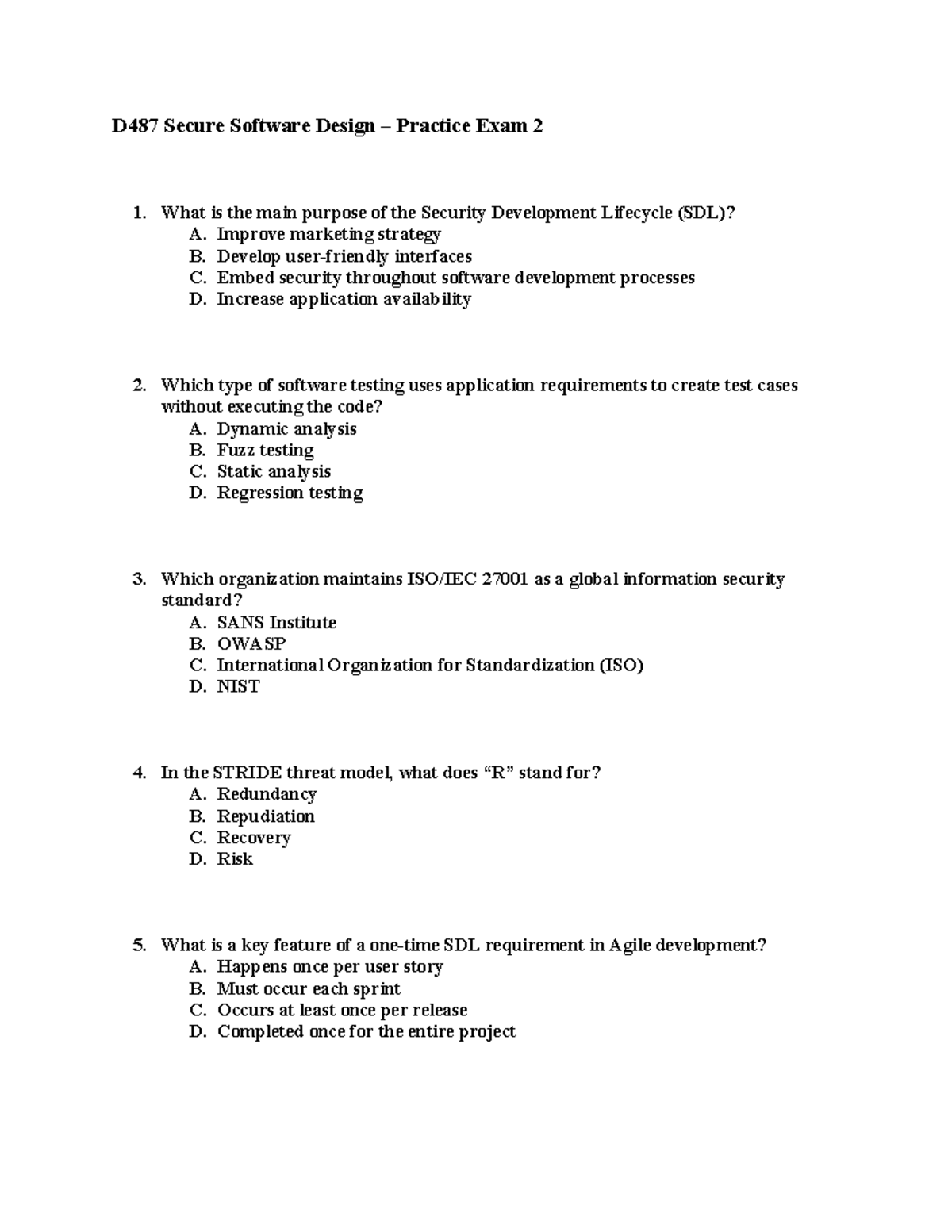 D487 Secure Software Design Practice Final Exam 2 - Studocu
