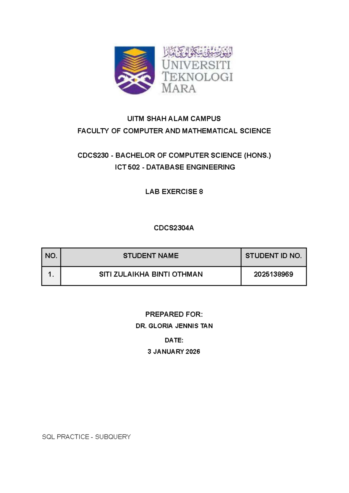 LAB 8 - ICT502 - SQL Subquery Exercises and Solutions - Studocu