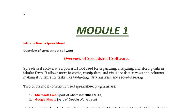 SEC Module 1: Intro to Spreadsheet Software & Functions Overview - Document Preview